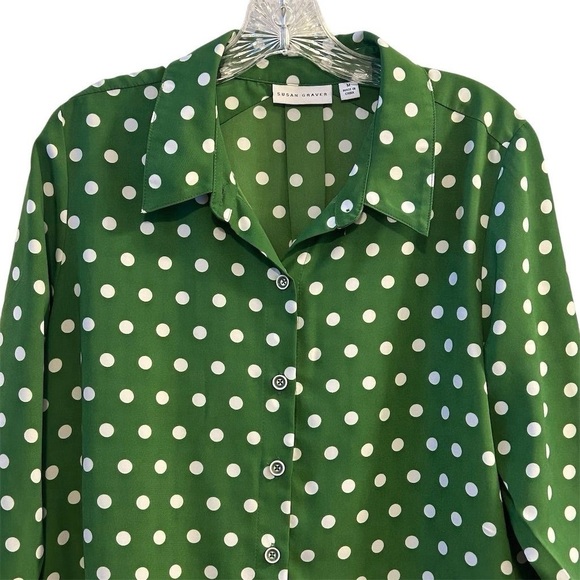 Susan Graver Women's M Green Polka Dot Button Down Blouse 3/4 Sleeve - Picture 3 of 11